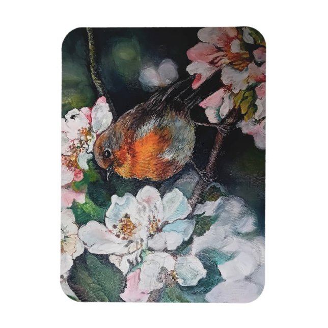 Ímã Robin com flor de cereja (Vertical)