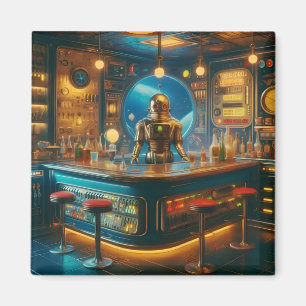 Imã Robô Barman no Bar de Mergulho da Era Espacial Int