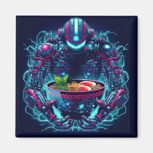 Imã Robô Futurista Ciberpunk Neon Comida Ramen
