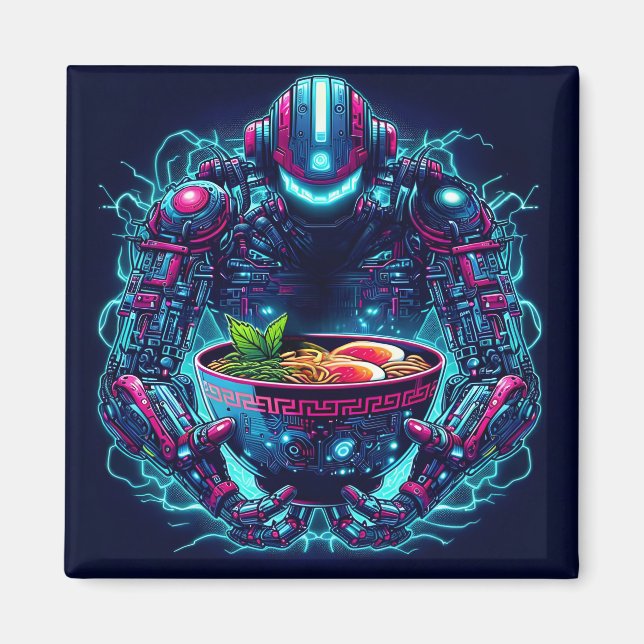 Imã Robô Futurista Ciberpunk Neon Comida Ramen (Frente)