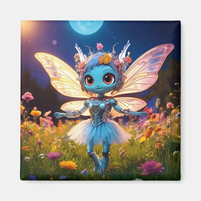 Imã Robô Pixie Bailarina Dançando nos Flores Silvestre (Frente)