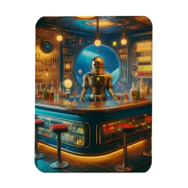 Ímã Robot Bartender in Interstellar Space Age Dive Bar (Vertical)