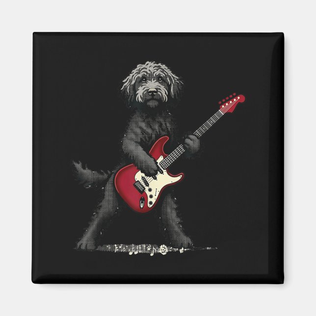 Imã Rochoso Divertido Cachorro Goldendoodle Tocando Mú (Frente)