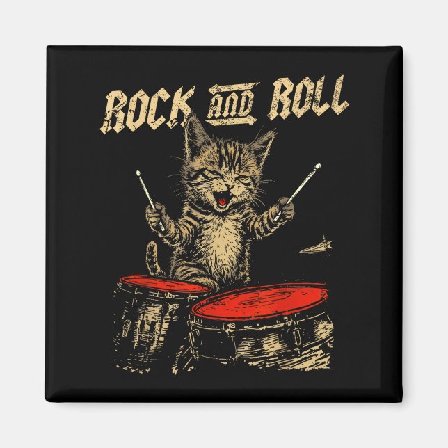 Imã Rock And Roll Funny Cat Playing Drum For Men Women (Frente)