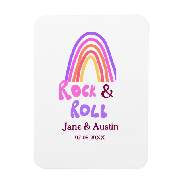 Ímã Rock & roll wedding add couple name retro rainbow  (Vertical)