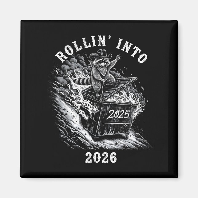 Imã Rollin' Into 2026 Funny Cowboy Raccoon Happy New Y (Frente)