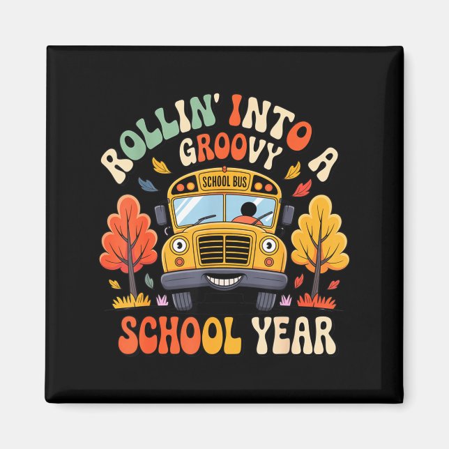 Imã Rollin Into A Groovy School Year Retro School Bus  (Frente)