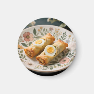 Imã Rolos de Ovo Crocantes em Prato Floral