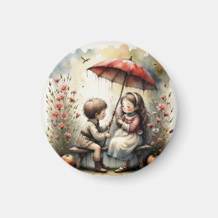 Imã Romance de Dia Chuvoso Pequenos Namorados Arte