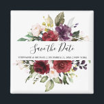 Imã Romântica Aquarela Borgonha Vermelha Rosa Floral<br><div class="desc">Casamento floral romântico elegante e moderno com aquarelas Salve o ímã da data com um buquê de burgundy / marsala, rosa-pincel, rosas de cor d'água de pêssego com folhagem correspondente. Perfeito para um casamento no outono/no meio do verão. Por favor, encontre mais designs e variações na minha loja de "blisswedingpaperie"....</div>