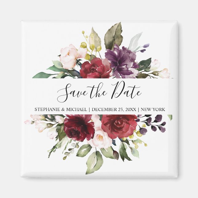 Imã Romântica Aquarela Borgonha Vermelha Rosa Floral (Frente)