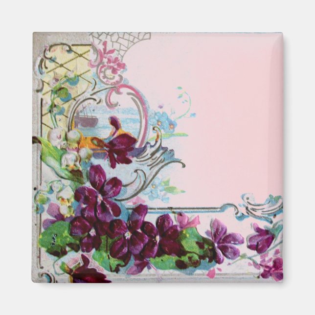 Imã ROMÂNTICA Ondas Florais Violetas Pensées Rosas (Frente)