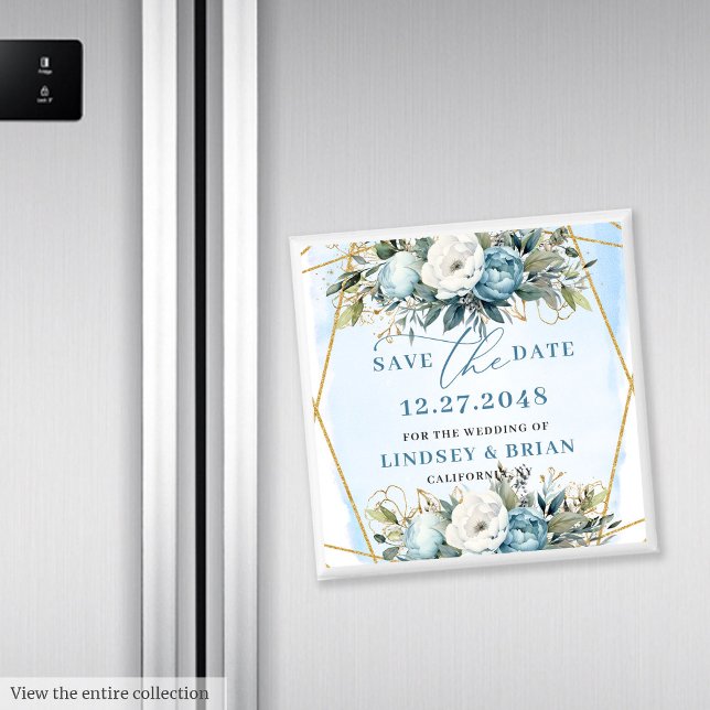 Imã Romântico Boho Azul e Branco Peônias Salva a Data (Romantic Blue And White Peonies Save The Date Magnet

)