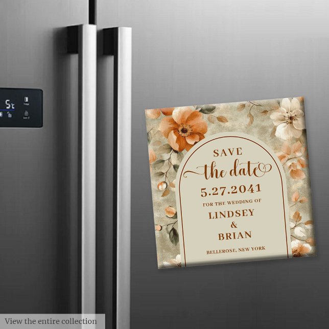 Imã Romântico Boho Neutro Bege Oliva Floral Salvar Dat (Romantic Boho Neutral Beige Olive Floral Save Date)