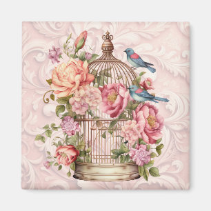 Imã Romântico Cage de Pássaros Floral em Aquarela Vint