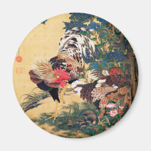 Imã Rooster e Hen com Hydrangeas por Ito Jakuchu