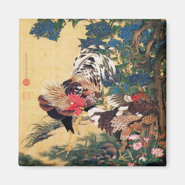 Imã Rooster e Hen com Hydrangeas por Ito Jakuchu (Frente)