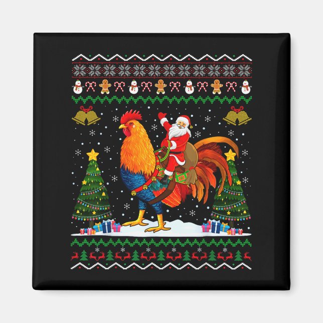 Imã Rooster Ugly Xmas Gift Santa Riding Rooster Christ (Frente)