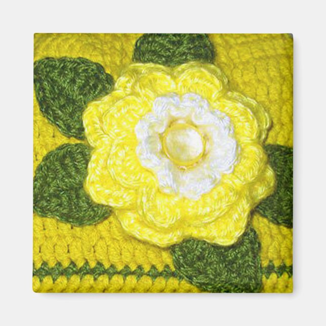 Imã Rosa Amarelo Brilhante e Impressão de Crochet de F (Frente)