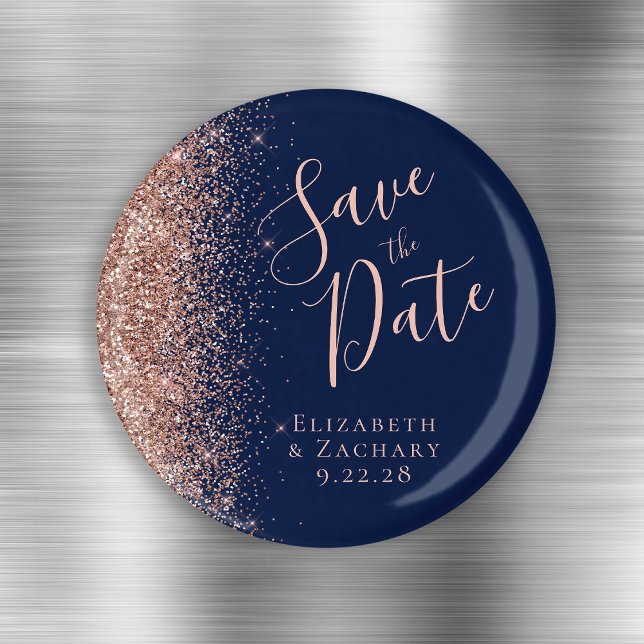 Imã Rosa Dourado Azul Marinho Glitter Salve a Data (Criador carregado)