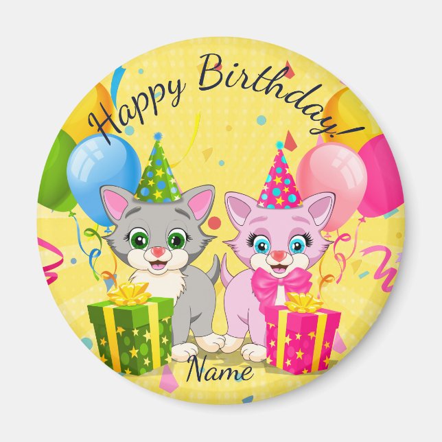 Imã Rosa e Cinza - Cartoons de Kitten de Aniversário (Frente)