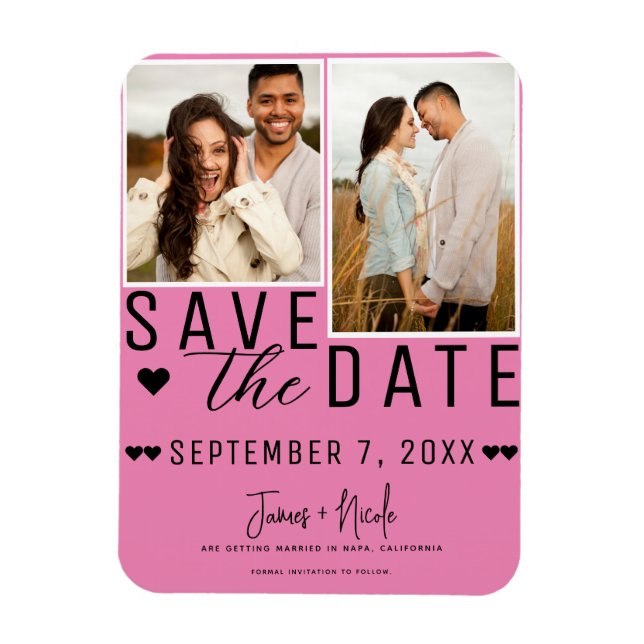 Ímã Rosa e Preto Save the Date 2 Foto Casamento (Vertical)