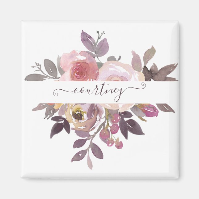 Imã Rosa pastel e floral roxo personalizado (Frente)