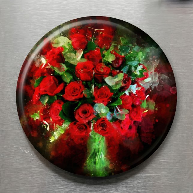 Imã Rosa vermelha de flor de Buquê - bb (Red Roses Bouquet Watercolor on Black Background. Magnet)