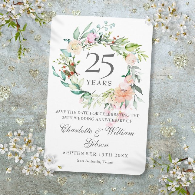 Ímã Rosas do 25º Aniversário de Bodas de Prata Florais (25th Silver Anniversary Roses Floral Save the Date Magnet)