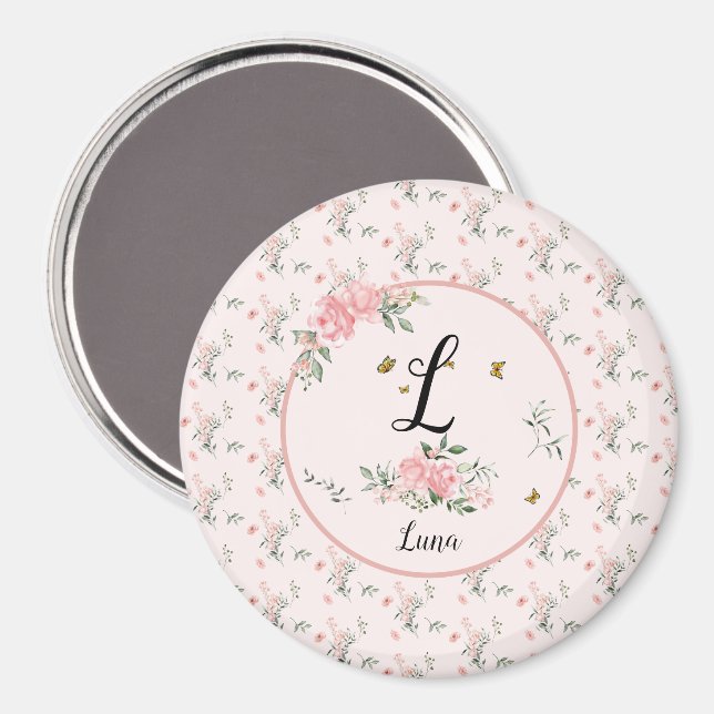 Imã Rosas Rosa Elegantes De Aquarelas com Borboletas (Front/Back)