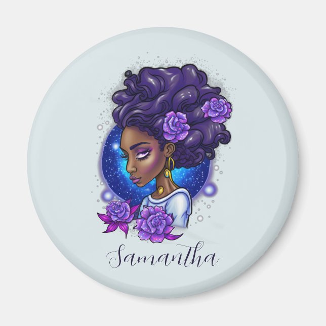 Imã Rosas Roxos Elegantes Afro Mulher (Frente)