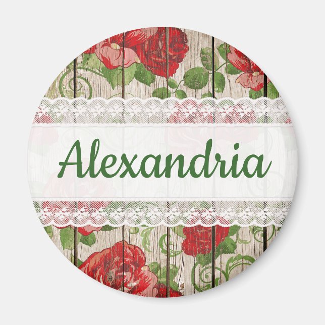 Imã Rosas Rustic Wood Lace Nome Personalizado (Frente)