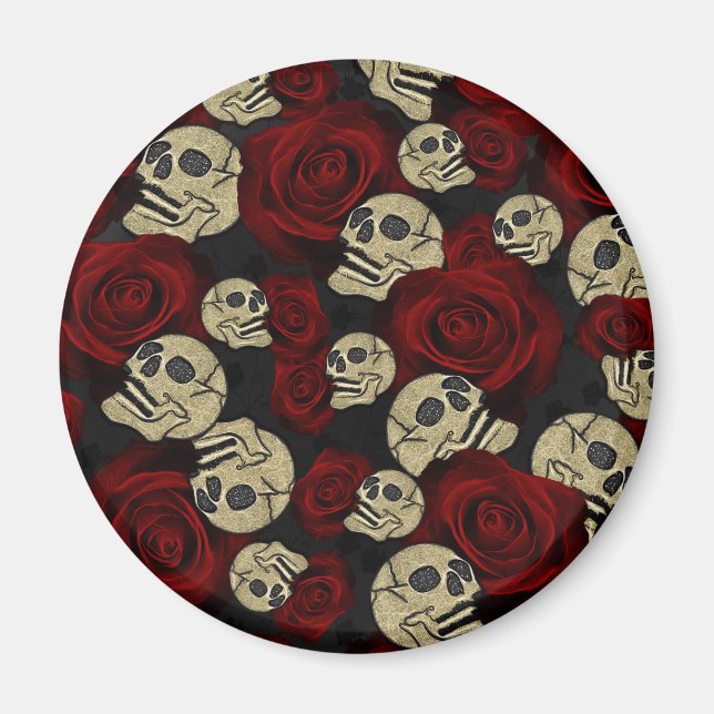 Imã Rosas Vermelhas & Caveiras Cinza Floral Gótico Pre (Frente)