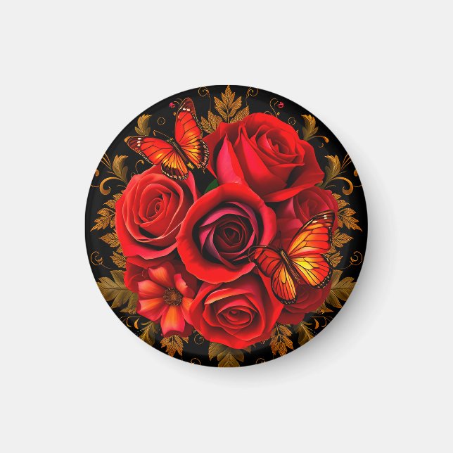 Imã Rosas Vermelhas Elegantes com Borboletas (Frente)