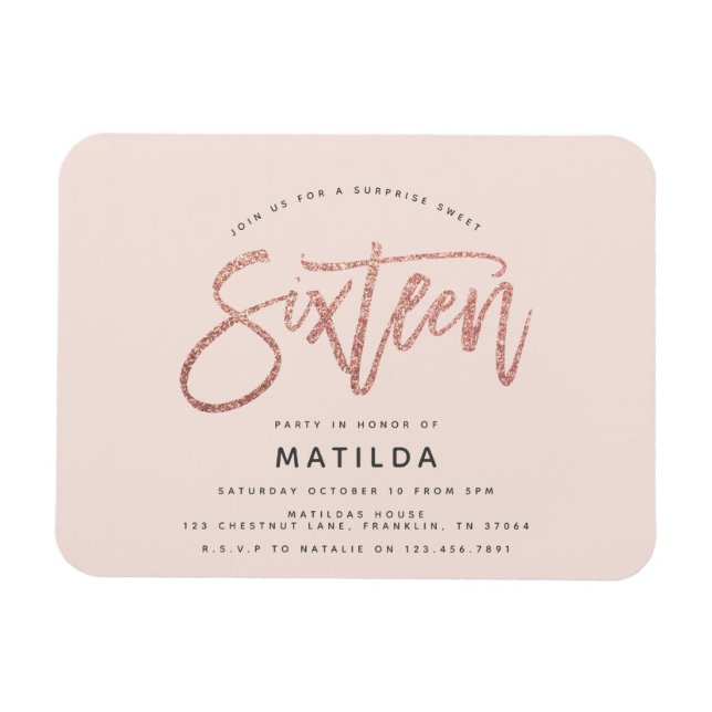 Ímã Rose gold girly glitter surprise sweet 16 birthday (Horizontal)