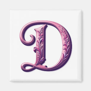 Imã Rosemaling Metálico Moderno Letra D, Rosa/Roxo