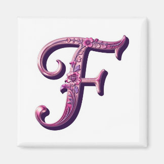 Imã Rosemaling Metálico Moderno Letra F, Rosa/Roxo