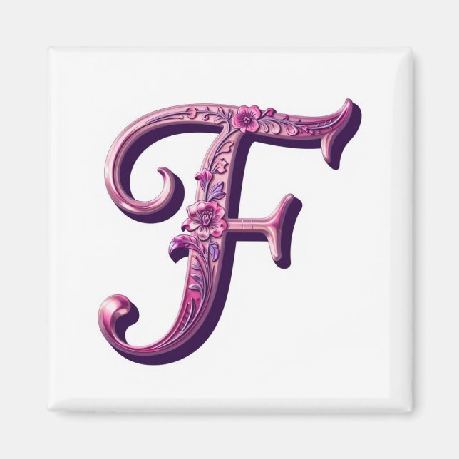 Imã Rosemaling Metálico Moderno Letra F, Rosa/Roxo (Frente)