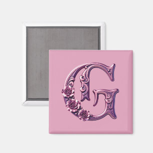Imã Rosemaling Metálico Moderno Letra G, Rosa/Roxo