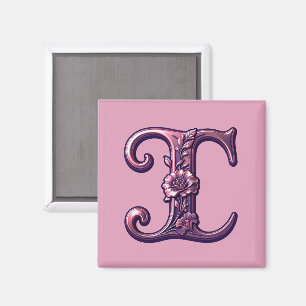 Imã Rosemaling Metálico Moderno Letra I, Rosa/Roxo