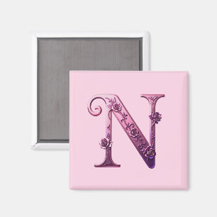 Imã Rosemaling Metálico Moderno Letra N, Rosa/Roxo