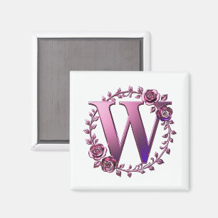 Imã Rosemaling Metálico Moderno Letra W, Rosa/Roxo