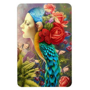 Ímã Rosto feminino com penas florais e pavão