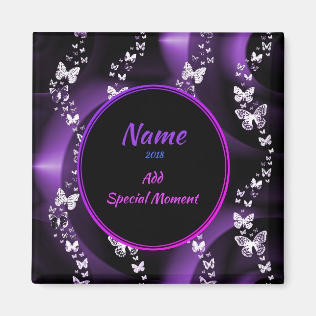 Imã Roteiro de Borboleta Roxo, Adicionar Nome e Data (Frente)