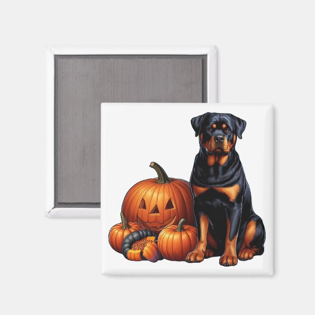 Imã Rottweiler Cachorro sentado no Halloween Pumpkins (Front/Back)