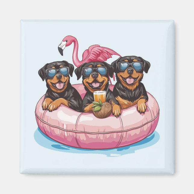 Imã Rottweiler Cães Flamingo Piscina de Verão (Frente)