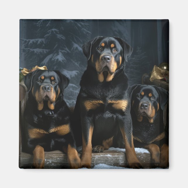 Imã Rottweiler Snowy Sleigh Decência de Natal (Frente)