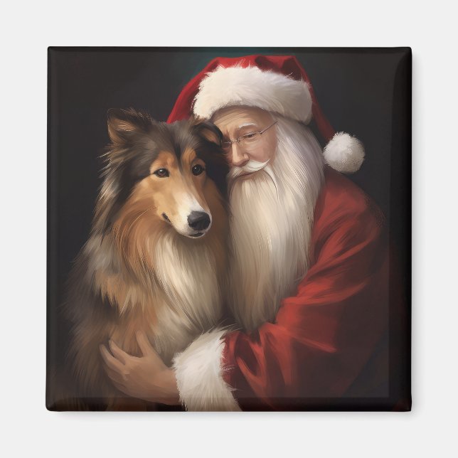 Imã Rough Collie com Papai Noel Natal Festivo (Frente)