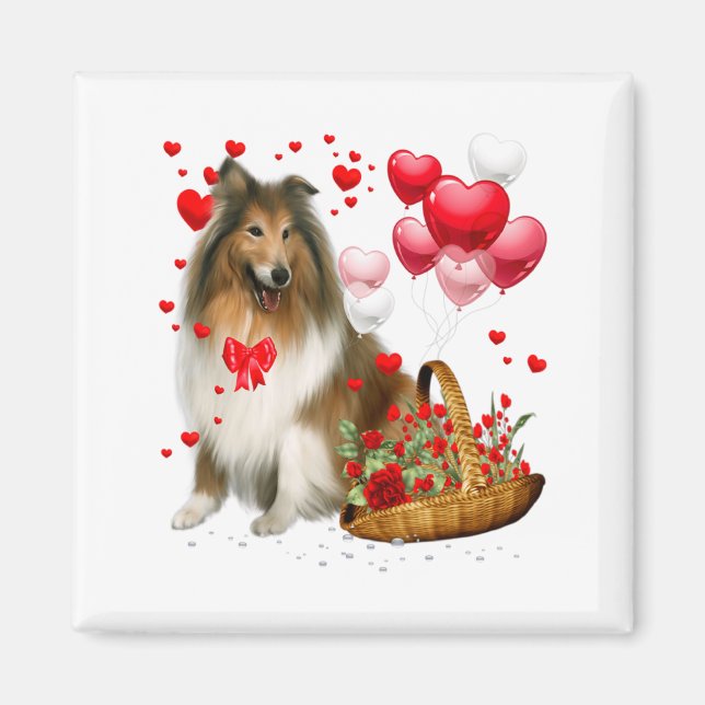 Imã Rough Collie Heart Balloon Happy Valentine Day Dog (Frente)
