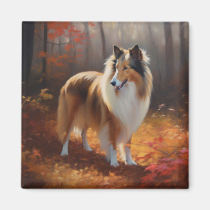Imã Rough Collie no Outono Folhas Caídas Inspiram
